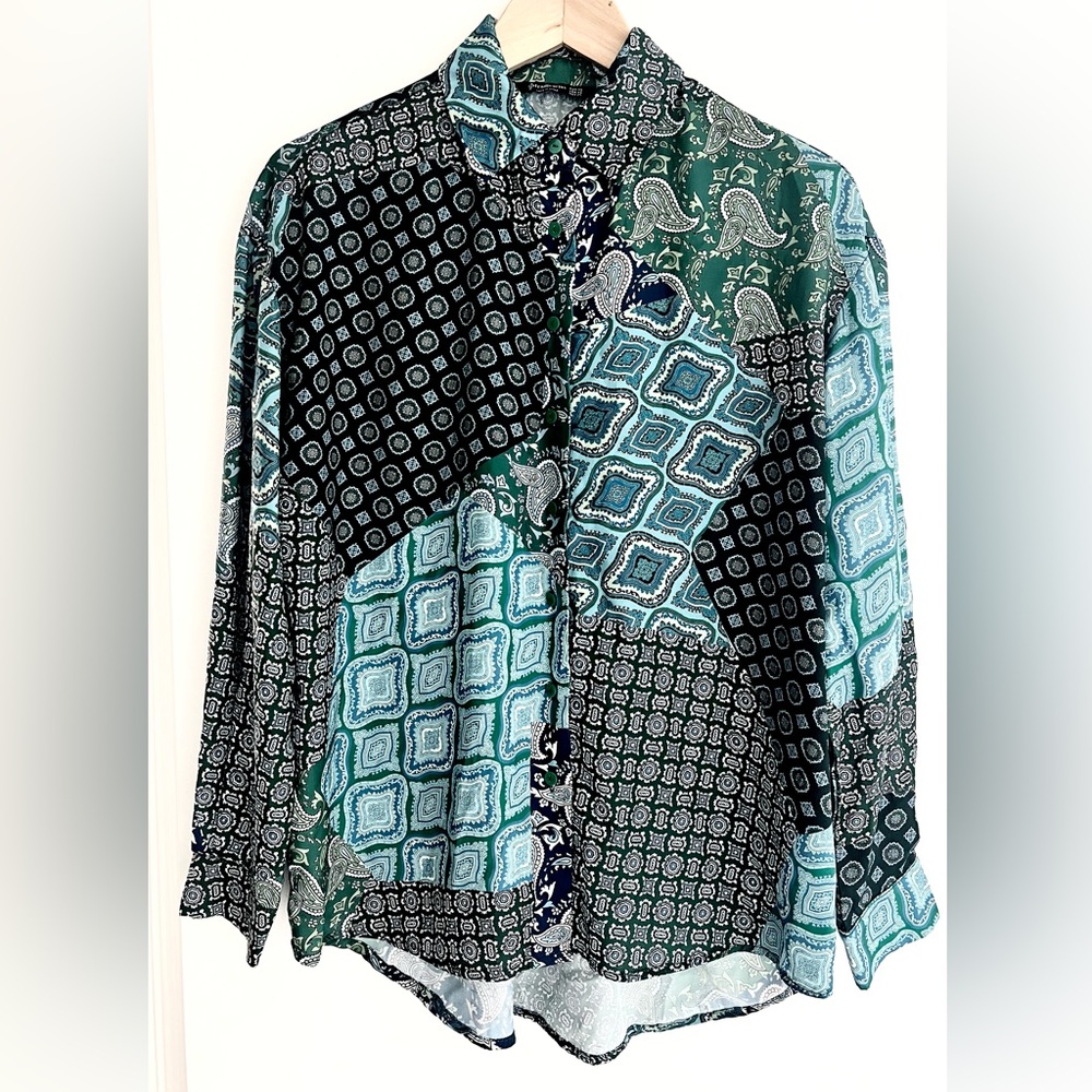 Stradivarius Long Sleeve Paisley Patchwork Silky Button Up Blouse XS Teal Green